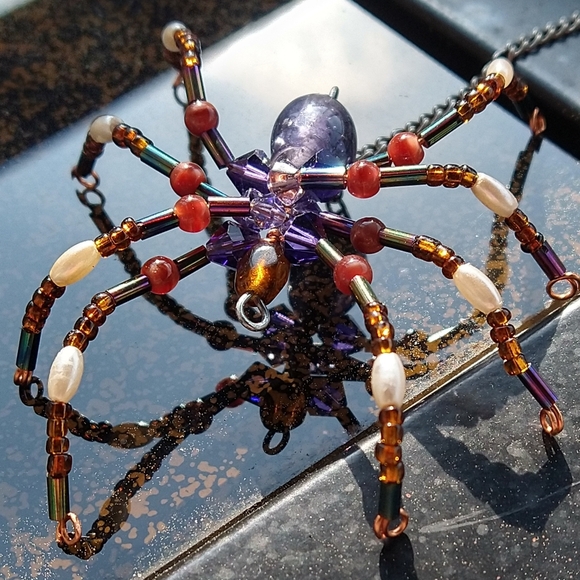 Artisan Beaded Spider Pendant • Purple and Brown - Picture 12 of 17